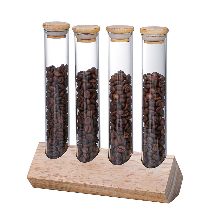 12 Single Dose Coffee Bean Storage Tubes with Wooden Stand and Lids, Dosing Glass Vials for Coffee Bean Storage, Coffee Bean Container Cellars, Espresso Bean Canisters Set