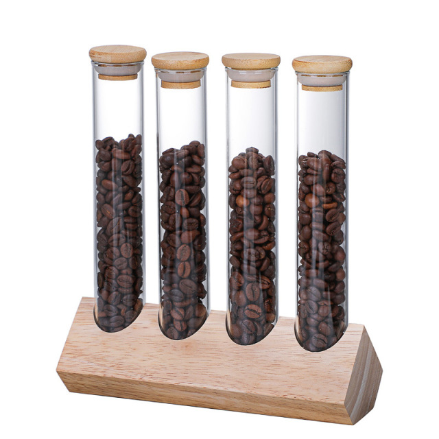 12 Single Dose Coffee Bean Storage Tubes with Wooden Stand and Lids, Dosing Glass Vials for Coffee Bean Storage, Coffee Bean Container Cellars, Espresso Bean Canisters Set
