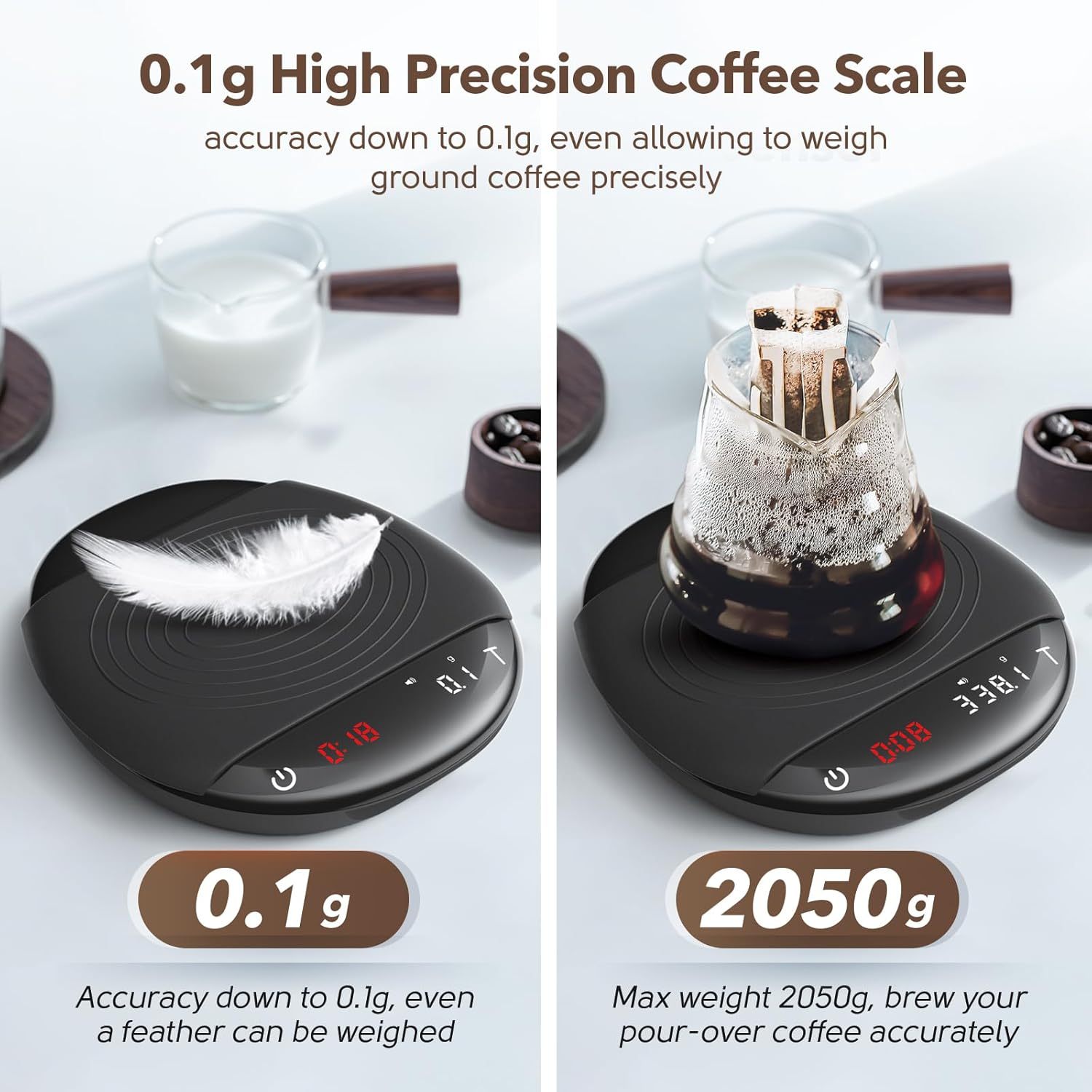 Mini Coffee Scale with Timer - Digital Espresso Scale 2kg/0.1g Accuracy Pour Over Coffee Rechargeable Down to 0.1g High Precision for Kitchen Food Weighing Measuring Baking Black