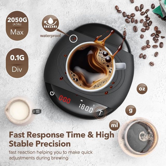 Mini Coffee Scale with Timer - Digital Espresso Scale 2kg/0.1g Accuracy Pour Over Coffee Rechargeable Down to 0.1g High Precision for Kitchen Food Weighing Measuring Baking Black