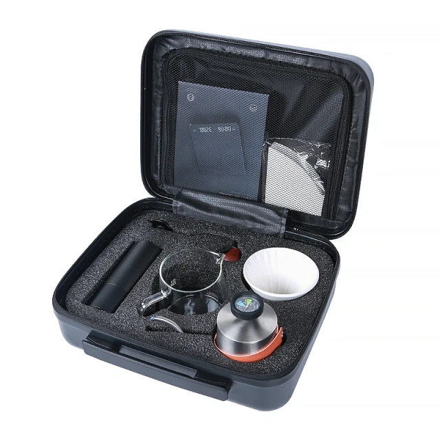 Portable Premium Outdoor Travel Coffee Maker Set Modern Glass Pour Over Drip Kettle with Manual Grinder for Camping Gift TS50