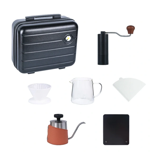 Portable Premium Outdoor Travel Coffee Maker Set Modern Glass Pour Over Drip Kettle with Manual Grinder for Camping Gift TS50