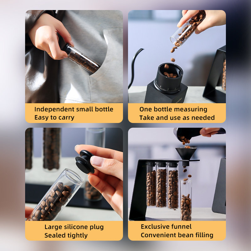 Single Dose Coffee Bean Storage Tubes With magnetic attraction function-4 Tubes Espresso Bean Cellars with stand