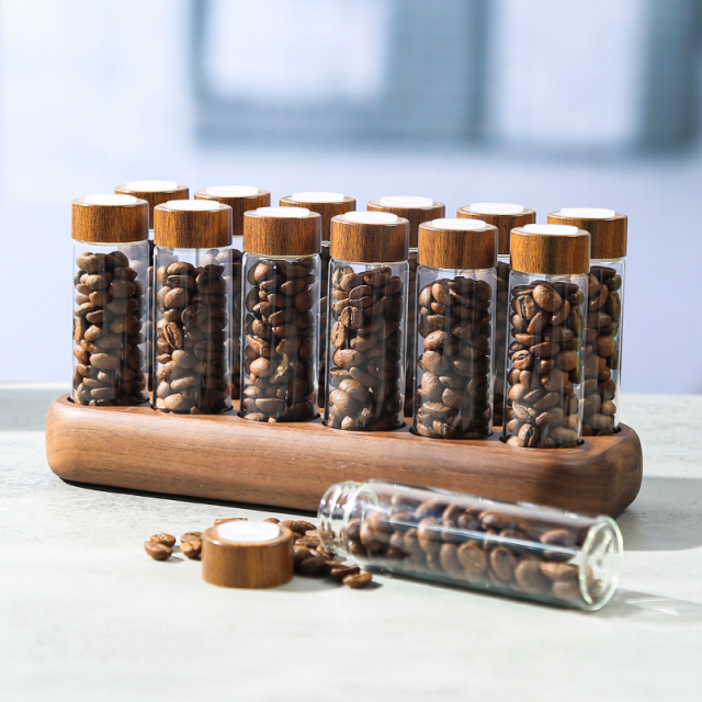 12 Single Dose Coffee Bean Storage Tubes with Wooden Stand and Lids