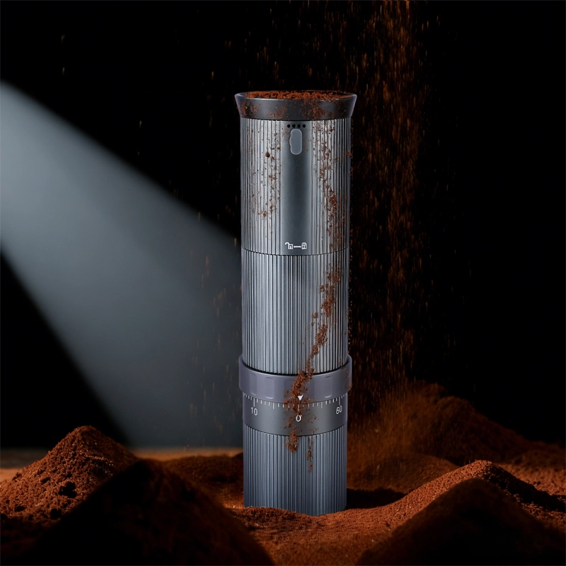 Grey and black electric coffee bean grinder for e-commerce and gifting