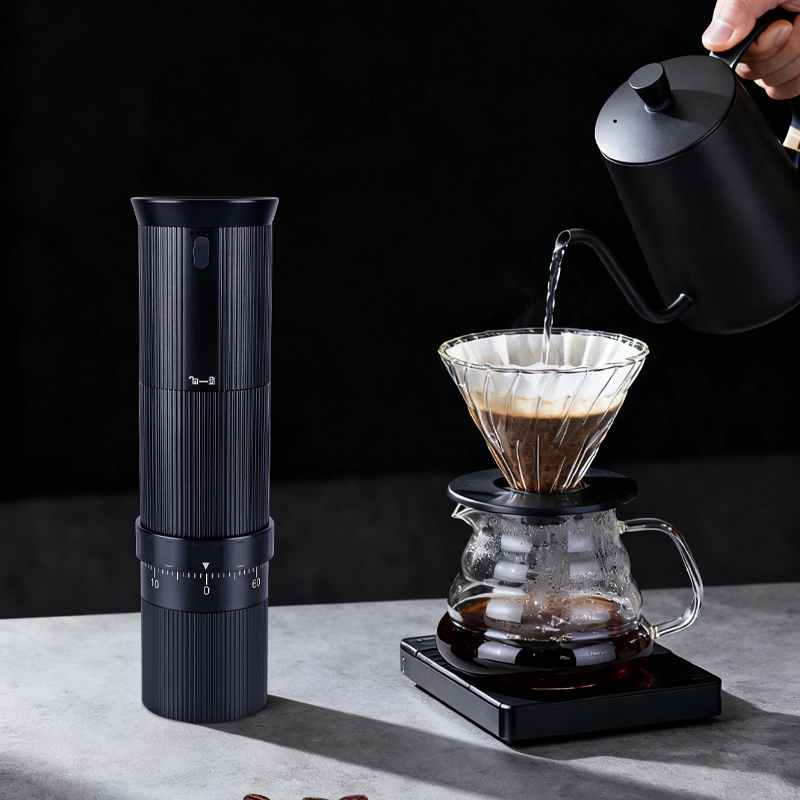 Electric coffee bean grinder positioned for home brewing retail