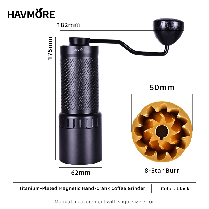 Havmore New Aluminum Alloy Body 50MM Titanium Coated Conical Bur Manual Hand Grinder