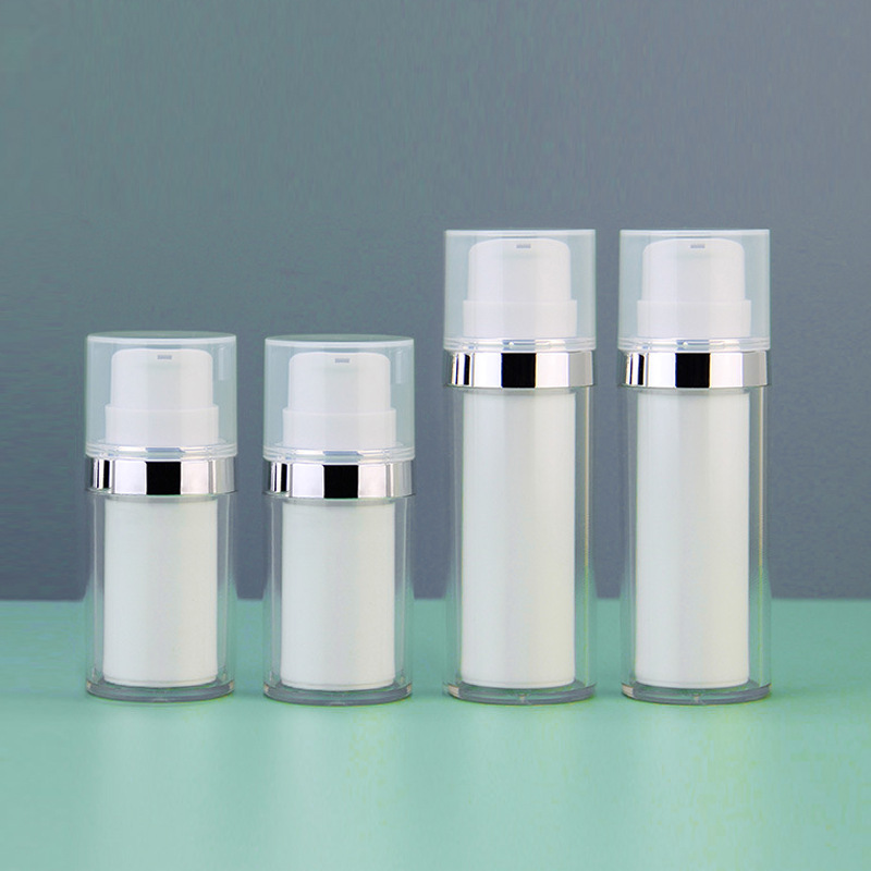 30ml 50ml Silver Ring Airless Pump Bottles, Double Layer Transparent Cosmetic Vacuum Bottle for Serum Lotion Foundation, Custom Logo Skincare Packaging Wholesale Container