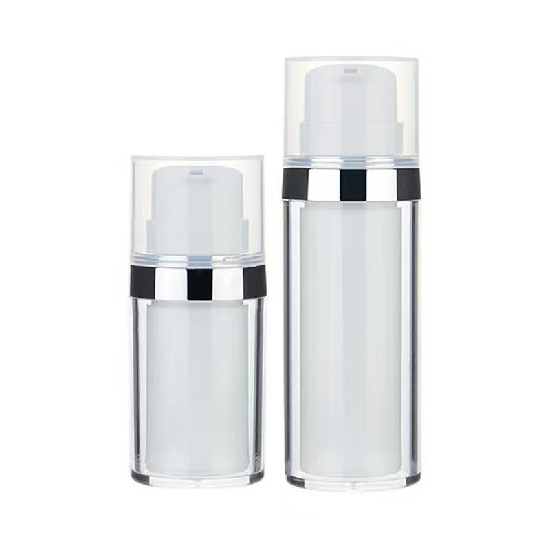 30ml 50ml Silver Ring Airless Pump Bottles, Double Layer Transparent Cosmetic Vacuum Bottle for Serum Lotion Foundation, Custom Logo Skincare Packaging Wholesale Container