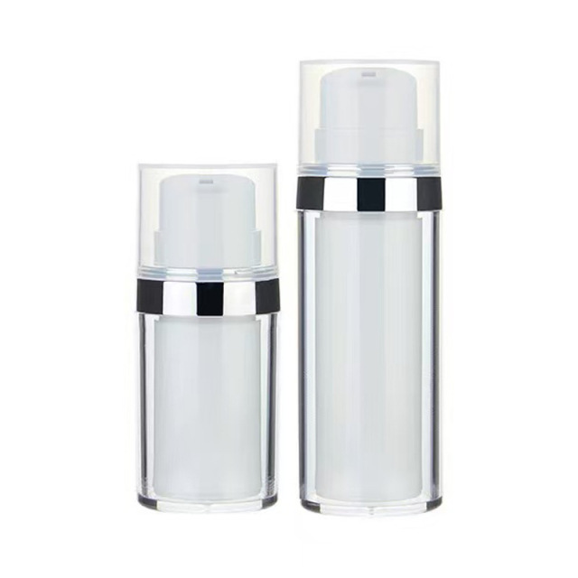 30ml 50ml Silver Ring Airless Pump Bottles, Double Layer Transparent Cosmetic Vacuum Bottle for Serum Lotion Foundation, Custom Logo Skincare Packaging Wholesale Container