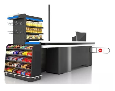 Checkout Counter with Display Shelf,Real-Time Store Data & Counters | Voxreal Fixture
,Supermarket, Retail Chain Gondola Shelves and LED Lighting Manufacturer. 