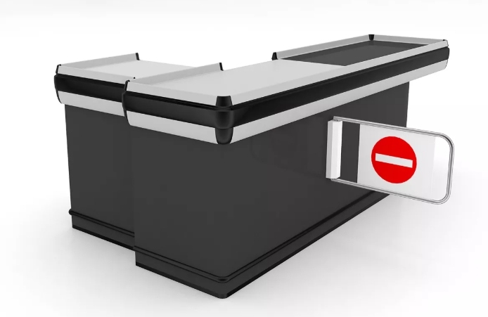 Simple Supermarket Checkout Counter with Conveyor Belt,Real-Time Store Data & Counters | Voxreal Fixture,Supermarket, Retail Chain Gondola Shelves and LED Lighting Manufacturer. 