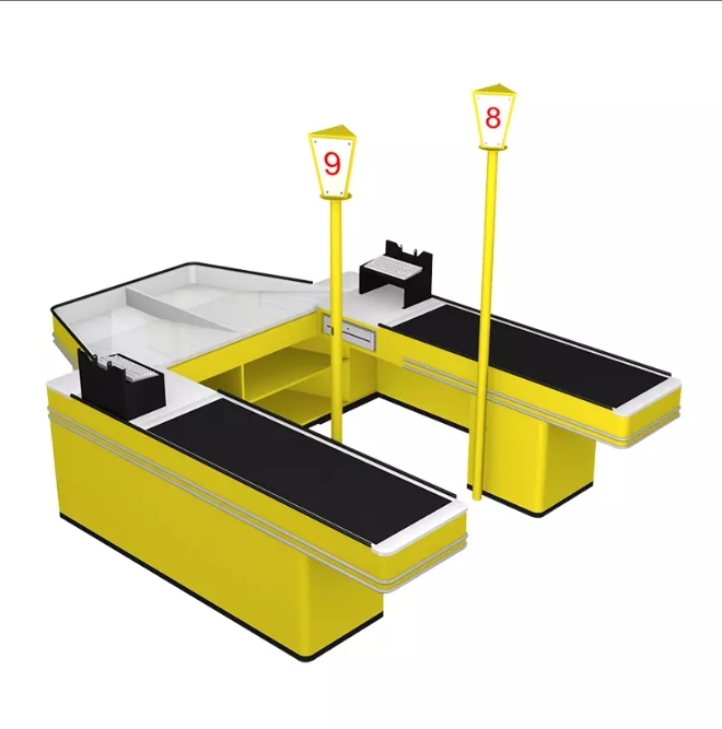 Double Side Checkout Counter,Real-Time Store Data & Counters | Voxreal Fixture,Supermarket, Retail Chain Gondola Shelves and LED Lighting Manufacturer. 