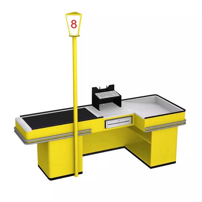 Single Side Checkout Counter,Real-Time Store Data & Counters | Voxreal Fixture,Supermarket, Retail Chain Gondola Shelves and LED Lighting Manufacturer. 