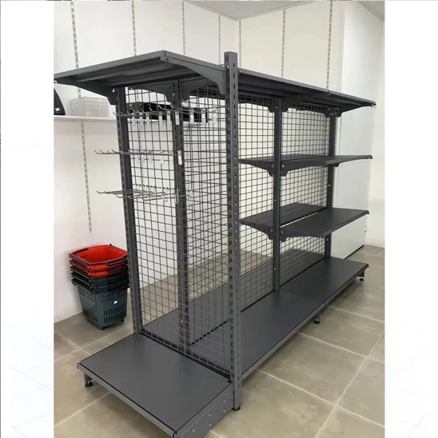 Medium Duty Double Sided Modern Metal Retail Store Supermarket Display Mesh Shelves,supermarket shelving price China factory,Supermarket, Retail Chain Gondola Shelves and LED Lighting Manufacturer. 