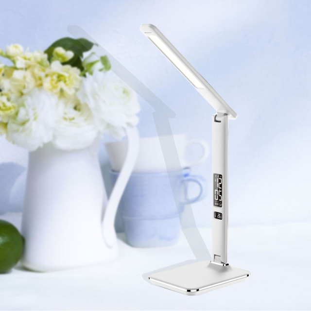 2020 Fashion Imitation leather Foldable LED desk lamp with calendar display and alarm clock and 3C light modes for office