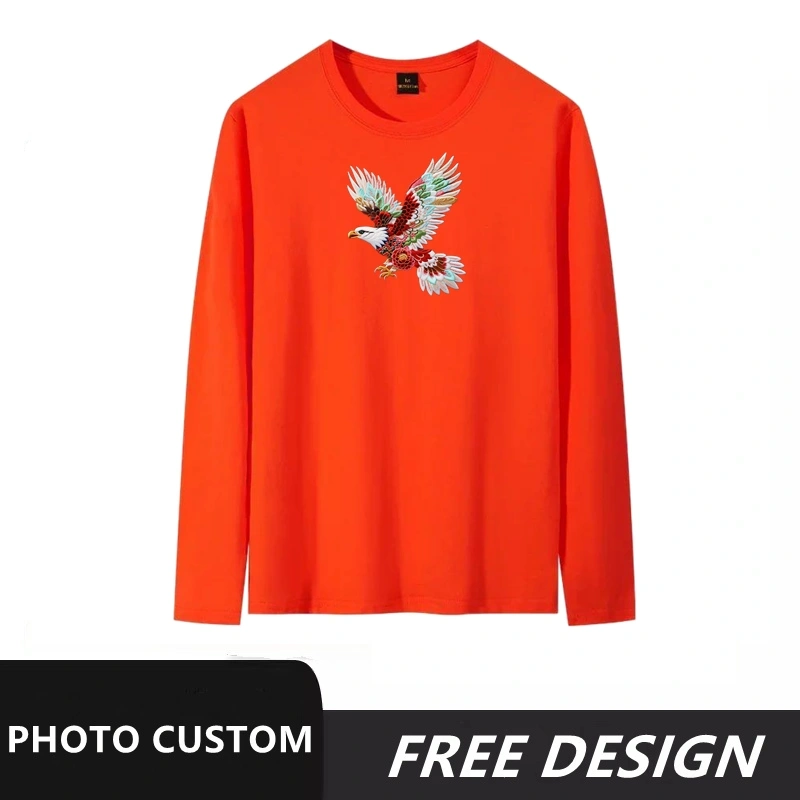 Orange summer round neck long sleeved bird embroidery pattern can be customized with any logo and printed with name and number