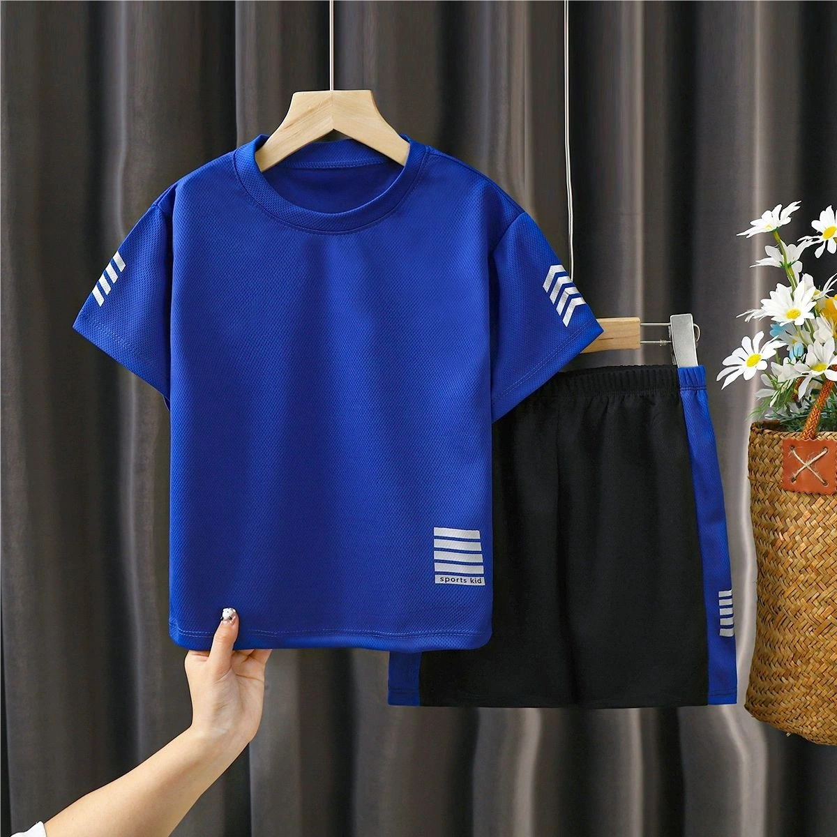 Blue short sleeved children's set can be customized with any image, logo, and printed with name and number