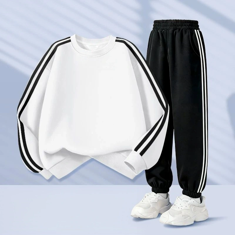 White & Black Summer Children's Long-Sleeve Crewneck Set — Customizable with Any Logo Name and Number