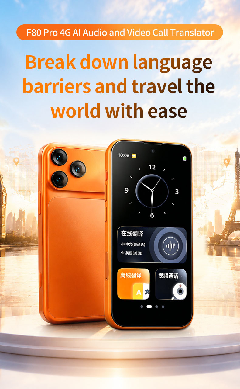 F80 Pro Smart Voice Translator Device One-Click Online Bilingual Translation Orange Color 4.7 Inch Main Screen Dual SIM Card