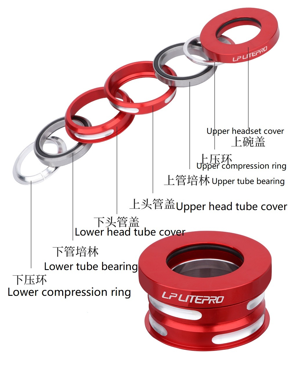 OEM LP LITEPRO Aluminum Alloy Cycling Headset for Folding Bike Fit 44mm Bearings Straight Tube Bicycle Headset