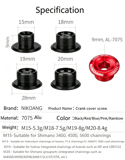 Aluminum Alloy Crank Cover/Bolts Bike Parts M15, M18, M20, Compatible with Shimano, Ixf, M19