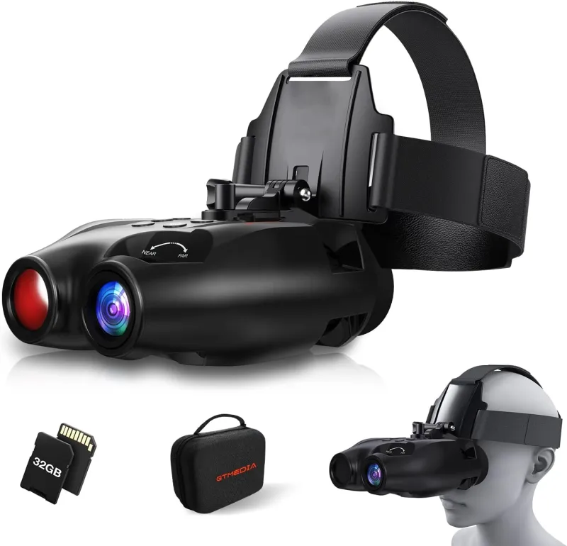 Night Vision Goggle Head Mounted Hands Free Infrared Night Vision Binoculars USB Rechargeable Night Vision Goggle with Head Strap 5X Digital Zoom 32GB SD Card Compatible with Helmet
