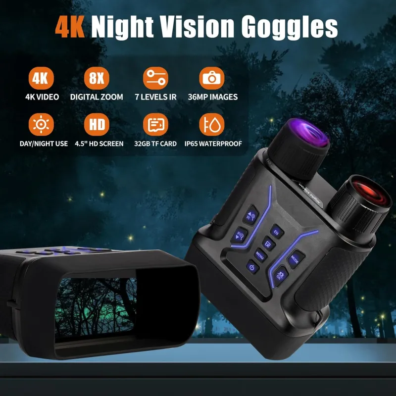4K Night Vision Binoculars for Adults & Kids - Night Vision Goggles, 4.5" Large Screen,7-Level IR,Wildlife Observation,36MP/4K with 32GB TF Card, 4500mAh Rechargeable Battery for Camping & Security