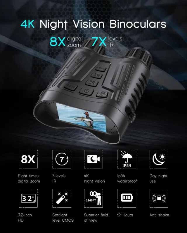 4K Night Vision Goggles, 1148FT Night Vision Binoculars with 3.2'' HD Screen, 8X Digital Zoom, 32GB Card, Binoculars Night Vision That can Take Photos and Videos for Camping Farm & Security