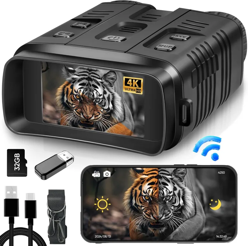 Night Vision Goggles, 4K Night Vision Binoculars for Adult, 3'' HD Screen, 10X Digital Zoom, Photo Albums can be Viewed Through Night Vision Goggles or Mobile Phone APP, Camping Gifts for Adult(32GB)