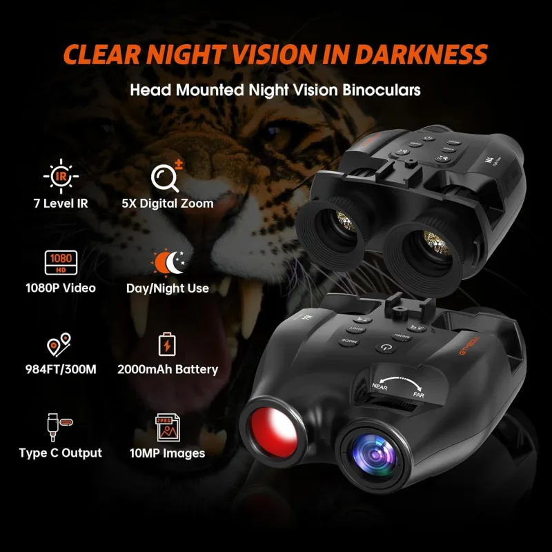 Night Vision Goggle Head Mounted Hands Free Infrared Night Vision Binoculars USB Rechargeable Night Vision Goggle with Head Strap 5X Digital Zoom 32GB SD Card Compatible with Helmet