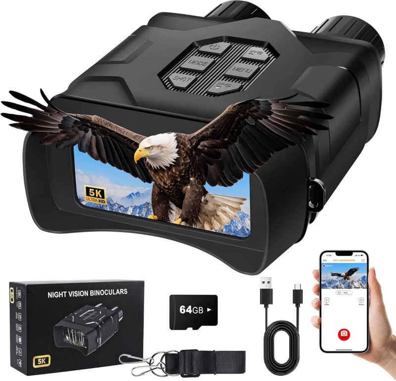 5K Night Vision Binoculars for Adults, Night Vision Goggles 10X Digital Zoom, 4'' UHD IPS Screen and 64GB TF Card for Photos and Videos Perfect for Outdoor Camping and Wildlife Observation