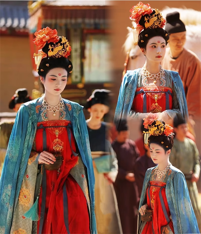 Traditional Tang Dynasty Hanfu for Noble Lady Princess Costume Drama Flourished Peony Delicate Embroidered Women's Dress with Hair Jewelry
