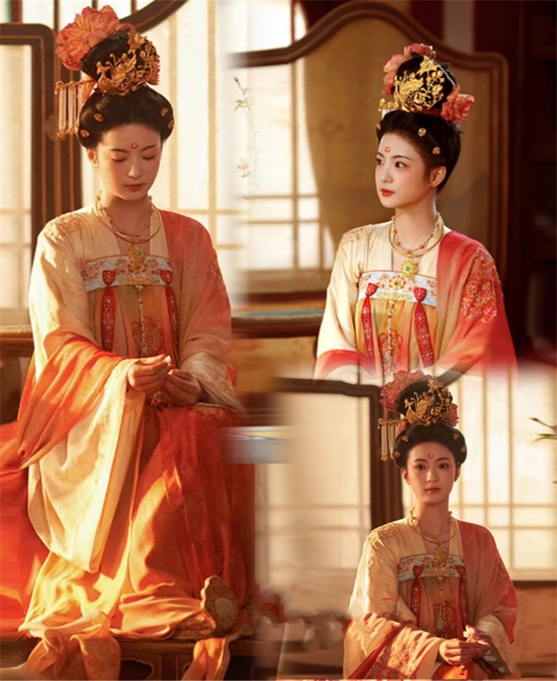 Traditional Tang Dynasty Hanfu for Noble Lady Princess Costume Drama Flourished Peony Delicate Embroidered Women's Dress with Hair Jewelry