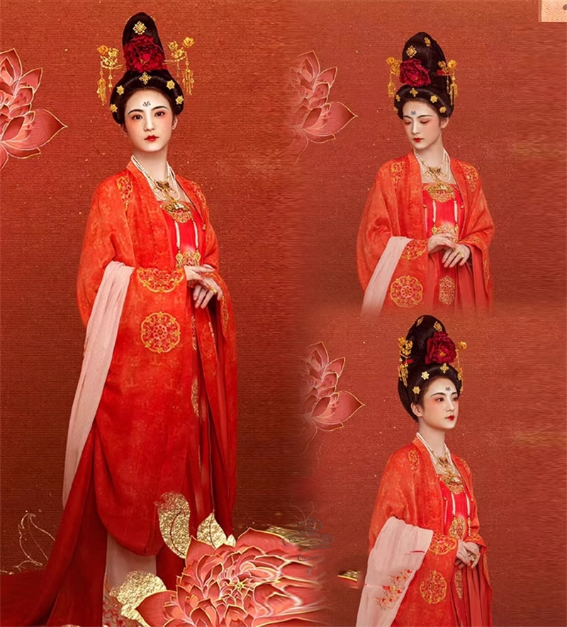 Traditional Tang Dynasty Hanfu for Noble Lady Princess Costume Drama Flourished Peony Delicate Embroidered Women's Dress with Hair Jewelry