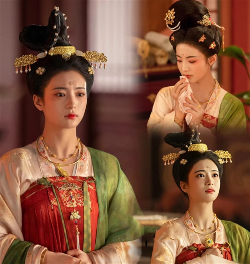 Traditional Tang Dynasty Hanfu for Noble Lady Princess Costume Drama Flourished Peony Delicate Embroidered Women's Dress with Hair Jewelry
