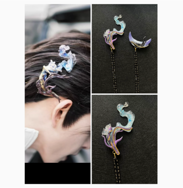 Ancient Chinese Fairy Sword Drama Moonlight Mystique Same Design Hair Accessory Original Resin 3D Printed Head Jewelry Female Hanfu Costume Headpiece Bai Yue Fan Xing BaiLu Fairy Hair Jewelry and Costume