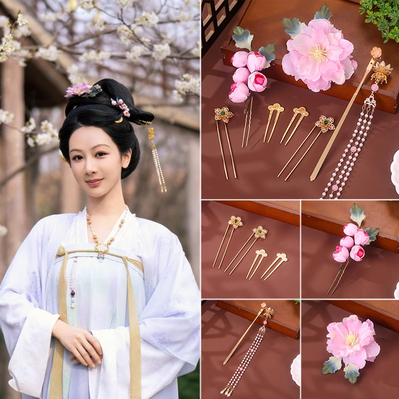 Guo Se Fang Hua Flourished Peony Drama Hanfu Accessory Hair Jewelry Set Flower Hair Tiara Hair Stick Combs Earrings Full Set of Hair Piece for Drama