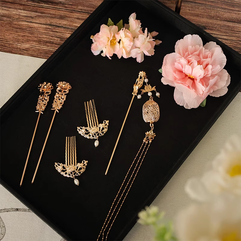 Guo Se Fang Hua Flourished Peony Drama Hanfu Accessory Hair Jewelry Set Flower Hair Tiara Hair Stick Combs Earrings Full Set of Hair Piece for Drama  Accessory Set NO WIGS