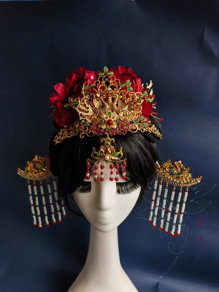 Guo Se Fang Hua Flourished Peony Drama Hanfu Accessory Hair Jewelry Set Flower Hair Tiara Hair Stick Combs Earrings Full Set of Hair Piece for Drama