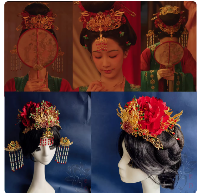 Guo Se Fang Hua Flourished Peony Drama Hanfu Accessory Hair Jewelry Set Flower Hair Tiara Hair Stick Combs Earrings Full Set of Hair Piece for Drama