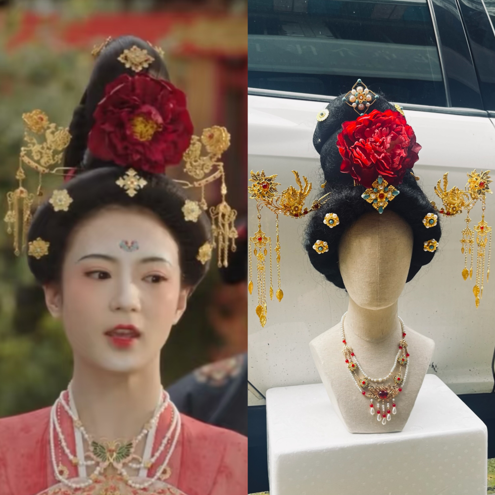 Guo Se Fang Hua Flourished Peony Drama Hanfu Accessory Hair Jewelry Set Flower Hair Tiara Hair Stick Combs Earrings Full Set of Hair Piece for Drama  Accessory Set NO WIGS