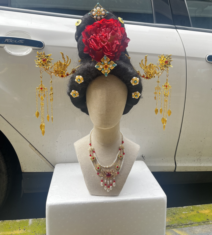 Guo Se Fang Hua Flourished Peony Drama Hanfu Accessory Hair Jewelry Set Flower Hair Tiara Hair Stick Combs Earrings Full Set of Hair Piece for Drama  Accessory Set NO WIGS