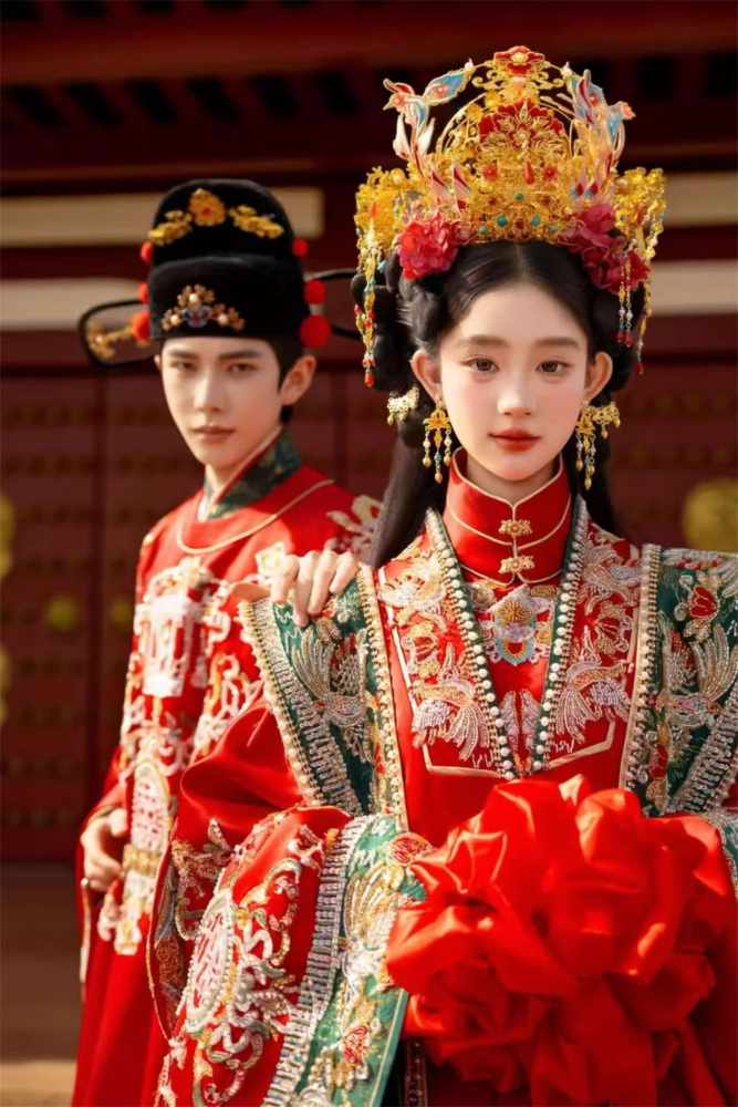 2026 New Design Heavy Embroidery Ancient Chinese Palace Royal Style Wedding Sets for Bride Groom Photography Costume Hanfu Ming Dynasty Emperor Empress Wedding Uniform Wear Customized Design w Hat and Tiara