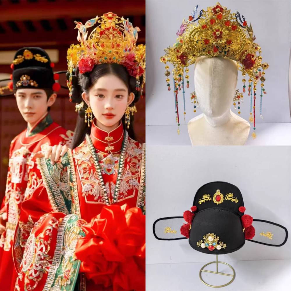 2026 New Design Heavy Embroidery Ancient Chinese Palace Royal Style Wedding Sets for Bride Groom Photography Costume Hanfu Ming Dynasty Emperor Empress Wedding Uniform Wear Customized Design w Hat and Tiara