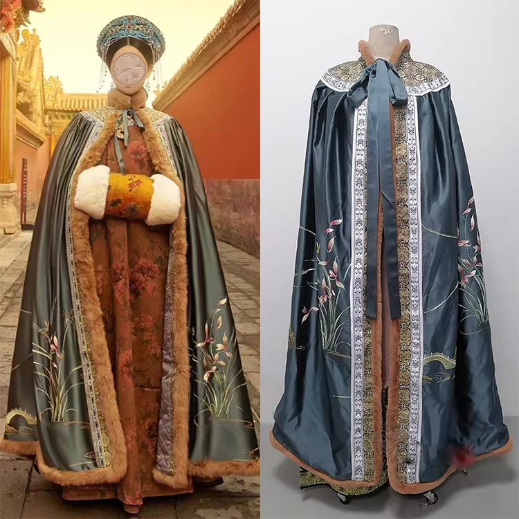Qing Dynasty Empress Princess Winter Thick Fur Cloak with Delicate Embroidery Mum-Daughter Photography Costume Hanfu Size can be Customized for Ancient Chinese Qing Dynasty Palace Photo