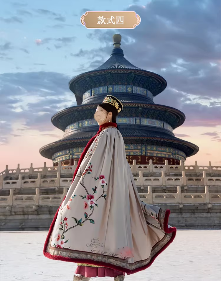 Qing Dynasty Empress Princess Winter Thick Fur Cloak with Delicate Embroidery Mum-Daughter Photography Costume Hanfu Size can be Customized for Ancient Chinese Qing Dynasty Palace Photo