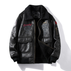 PU composite fleece faux fur flight jacket PU leather flight jacket PU bonded fur lining jacket