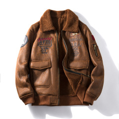 PU composite fleece faux fur flight jacket PU leather flight jacket PU bonded fur lining jacket