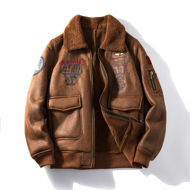 PU composite fleece faux fur flight jacket PU leather flight jacket PU bonded fur lining jacket